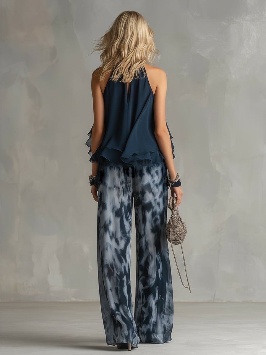 Zweiteiliges Damen-Set mit Neckholder-Rüschenbluse und Hose mit weitem Bein