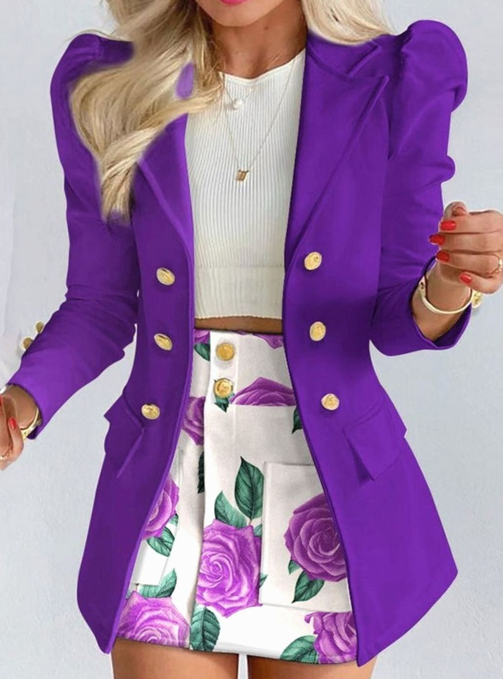 Damen-Set mit zweireihigem Blazer mit Puffärmeln und Blumenmuster-Jupe