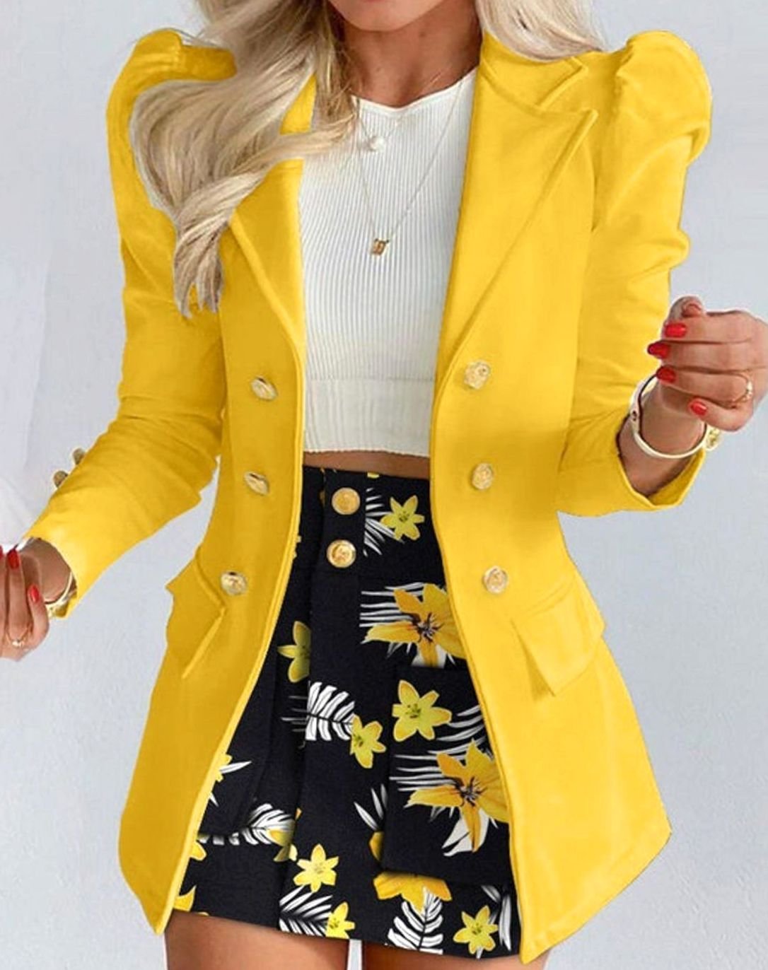 Damen-Set mit zweireihigem Blazer mit Puffärmeln und Blumenmuster-Jupe