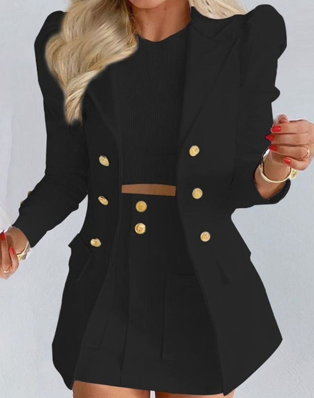 Damen-Set mit zweireihigem Blazer mit Puffärmeln und Blumenmuster-Jupe