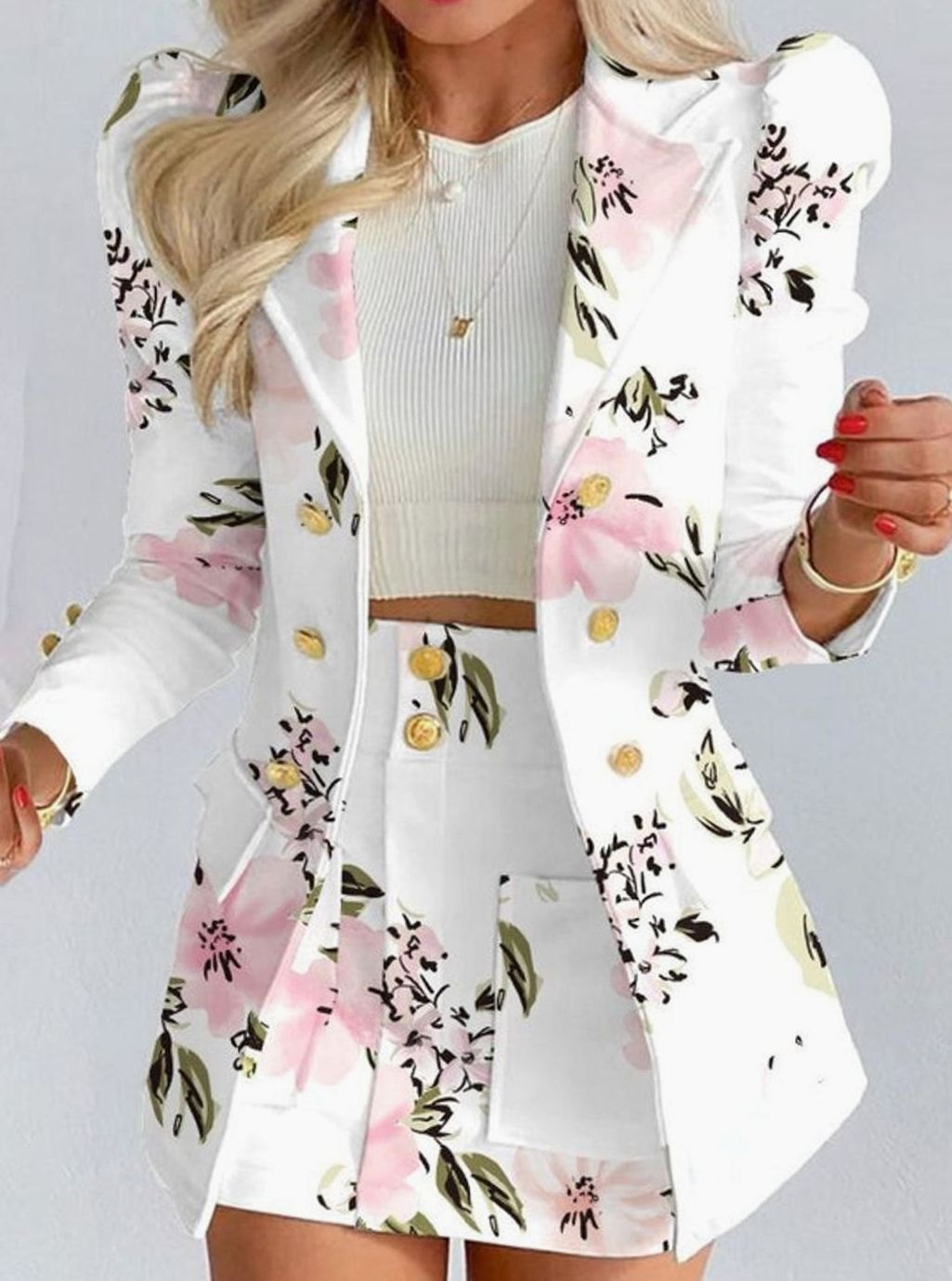Damen-Set mit zweireihigem Blazer mit Puffärmeln und Blumenmuster-Jupe
