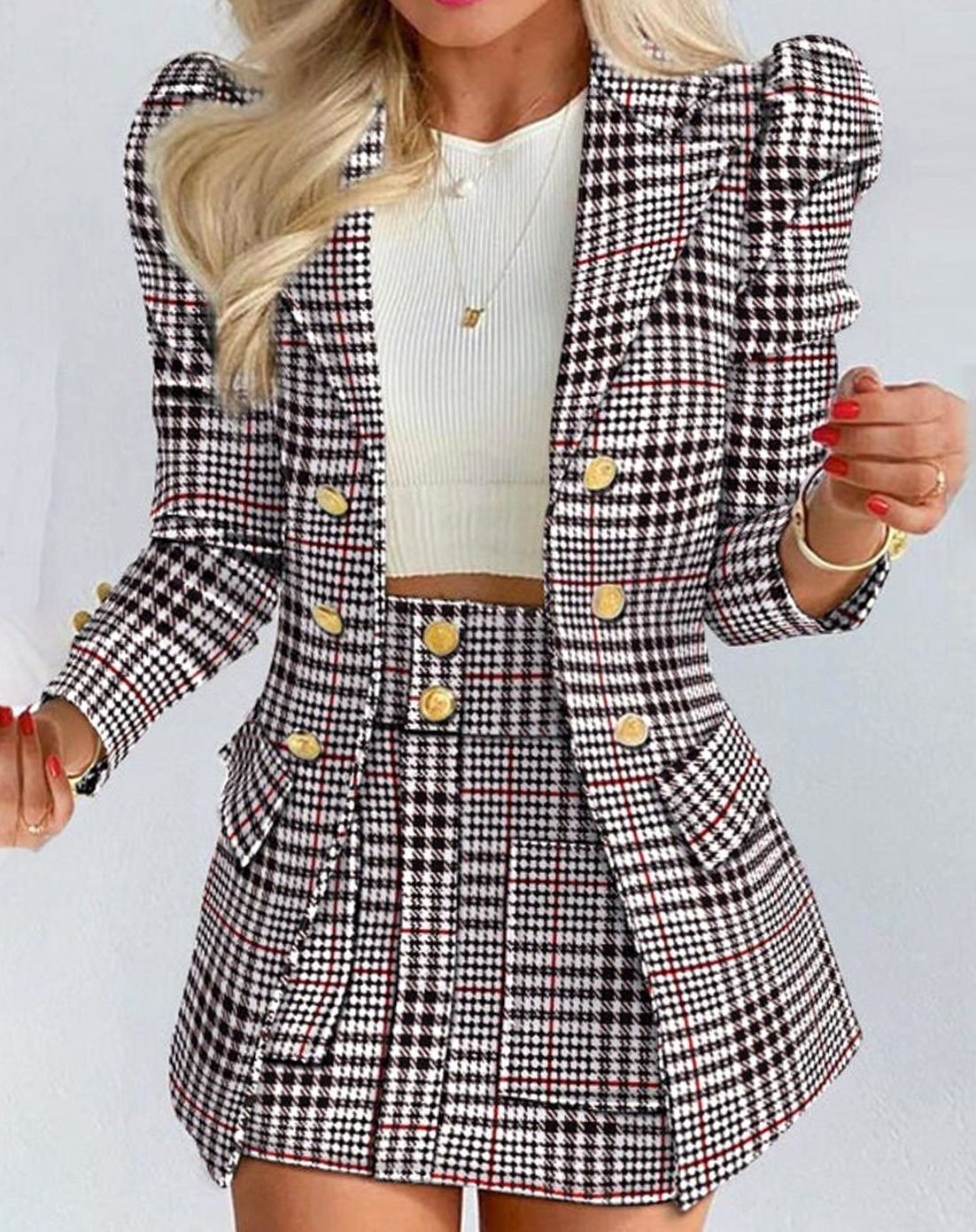 Damen-Set mit zweireihigem Blazer mit Puffärmeln und Blumenmuster-Jupe