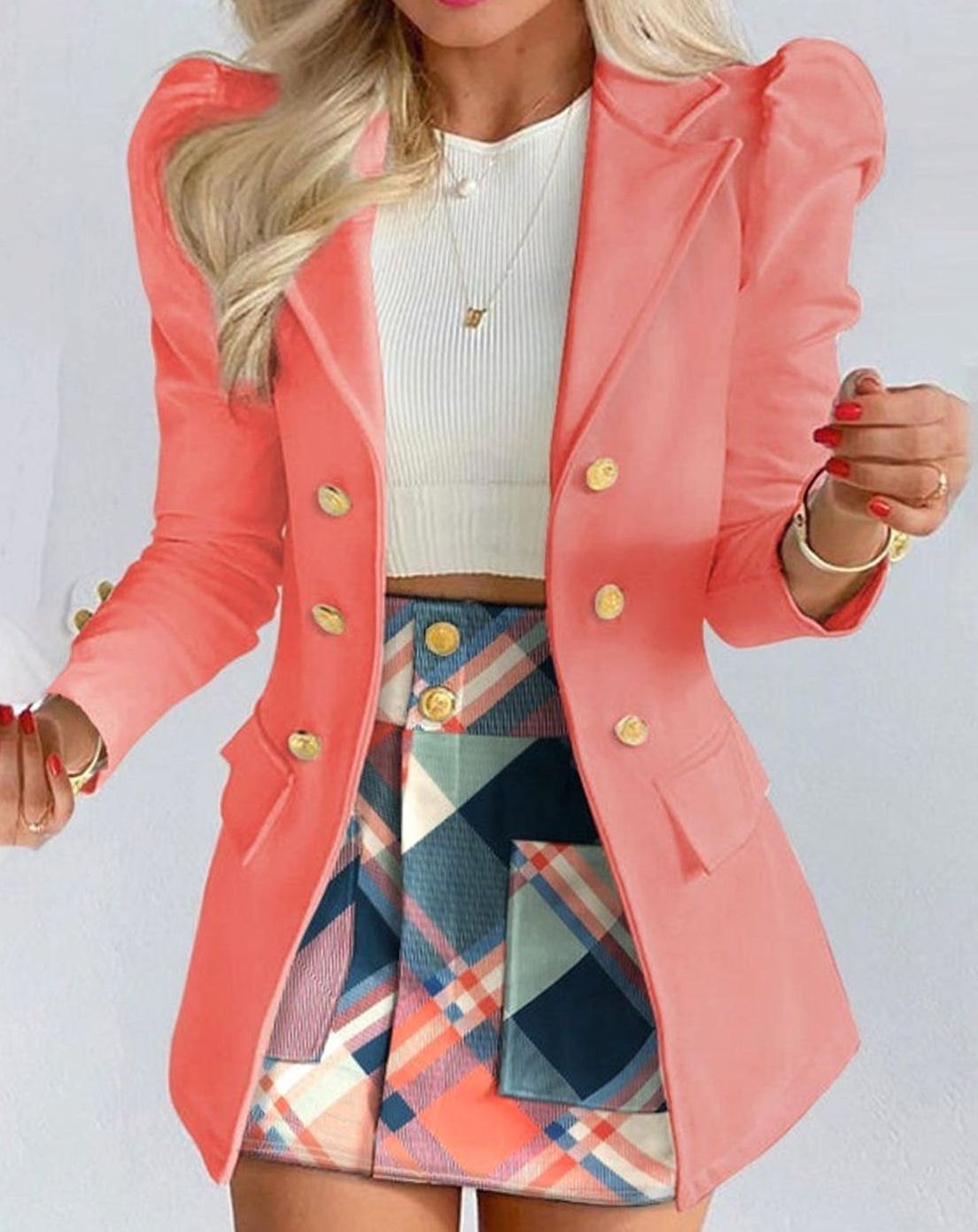 Damen-Set mit zweireihigem Blazer mit Puffärmeln und Blumenmuster-Jupe