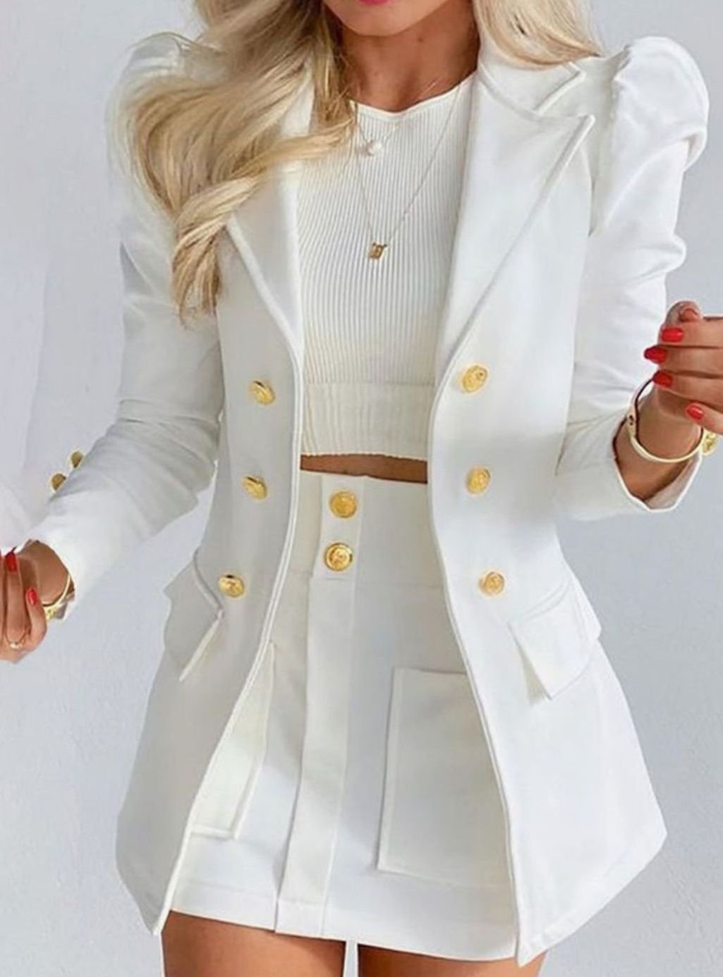 Damen-Set mit zweireihigem Blazer mit Puffärmeln und Blumenmuster-Jupe