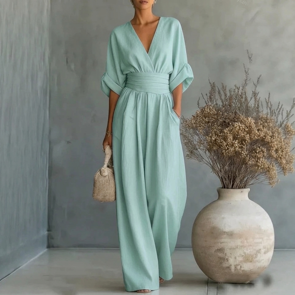 Damen-Jumpsuit mit kurzen Ärmeln, V-Ausschnitt und weitem Bein