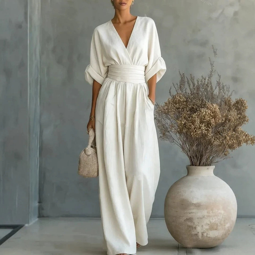 Damen-Jumpsuit mit kurzen Ärmeln, V-Ausschnitt und weitem Bein