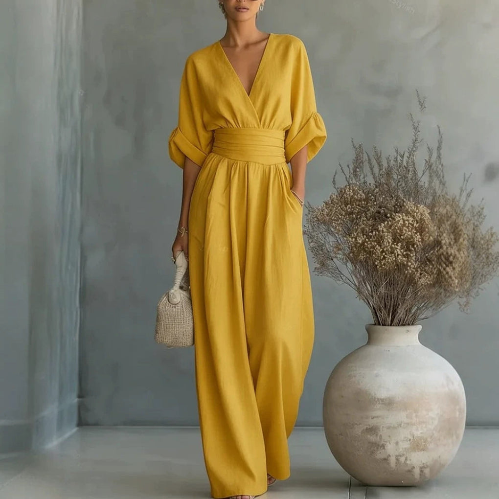Damen-Jumpsuit mit kurzen Ärmeln, V-Ausschnitt und weitem Bein
