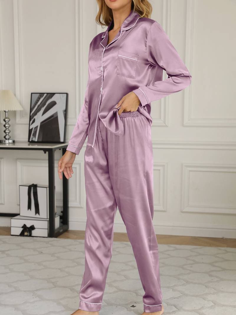 Damen-Satin-Pyjama-Set mit geknöpftem Oberteil und langer Hose