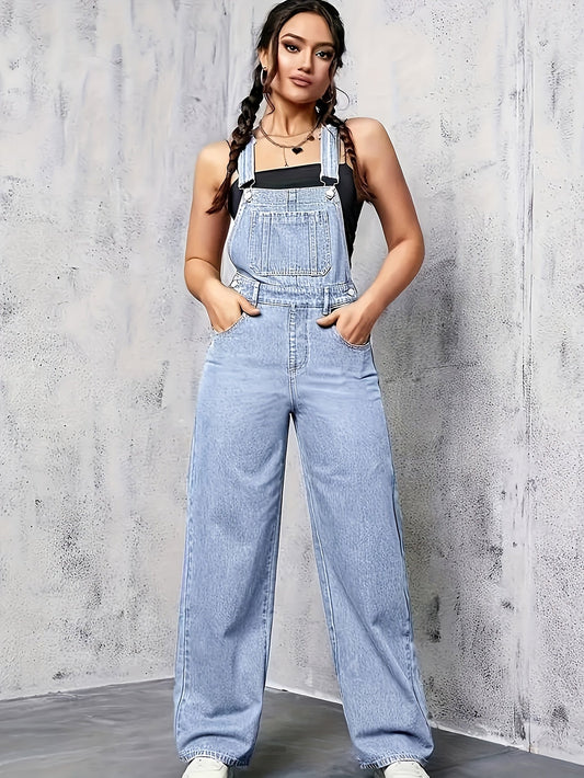 Ärmellose Denim-Latzhose für Damen mit weitem Bein