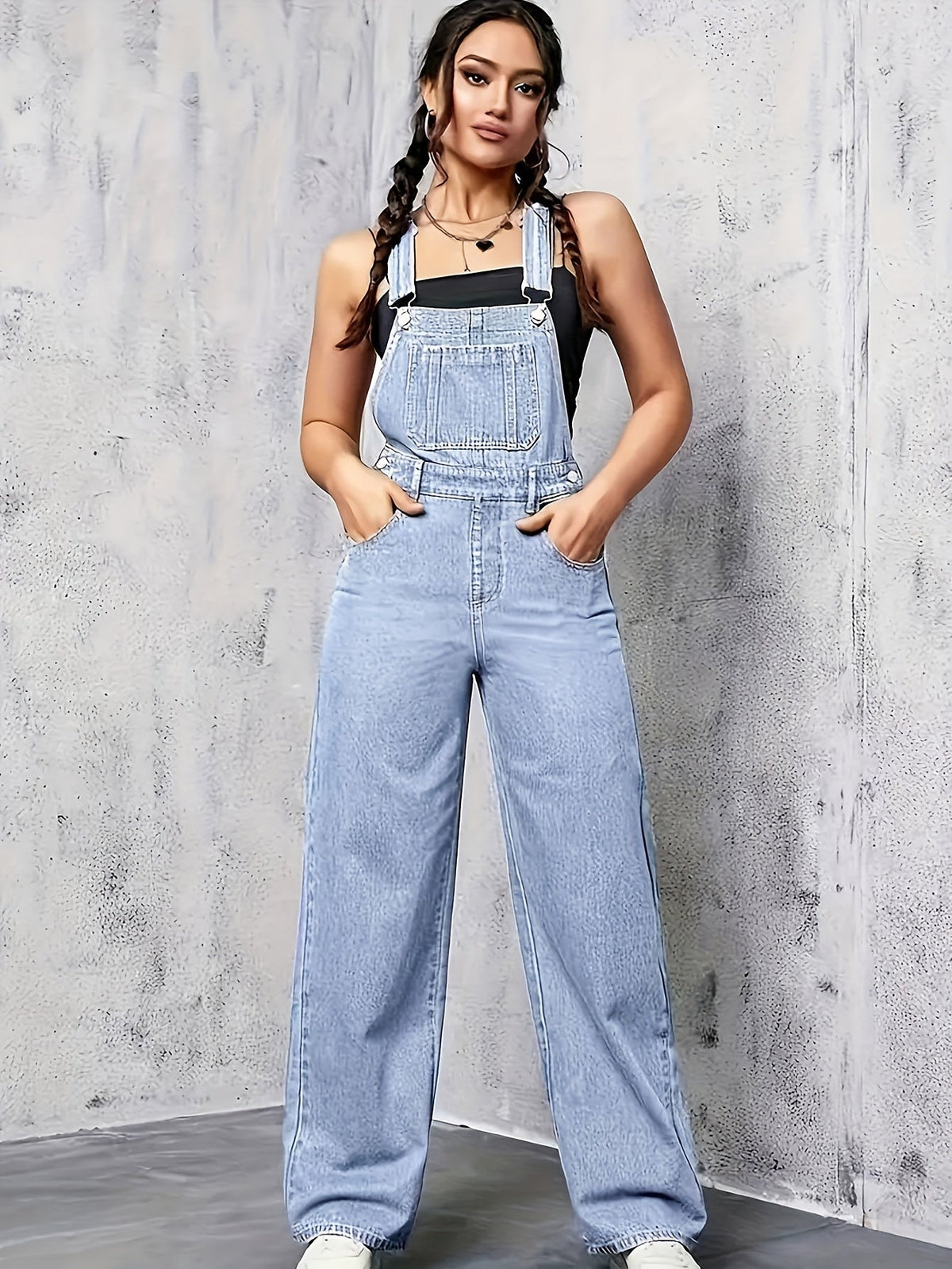 Ärmellose Denim-Latzhose für Damen mit weitem Bein