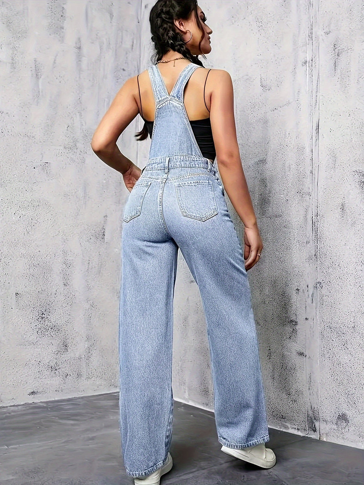 Ärmellose Denim-Latzhose für Damen mit weitem Bein
