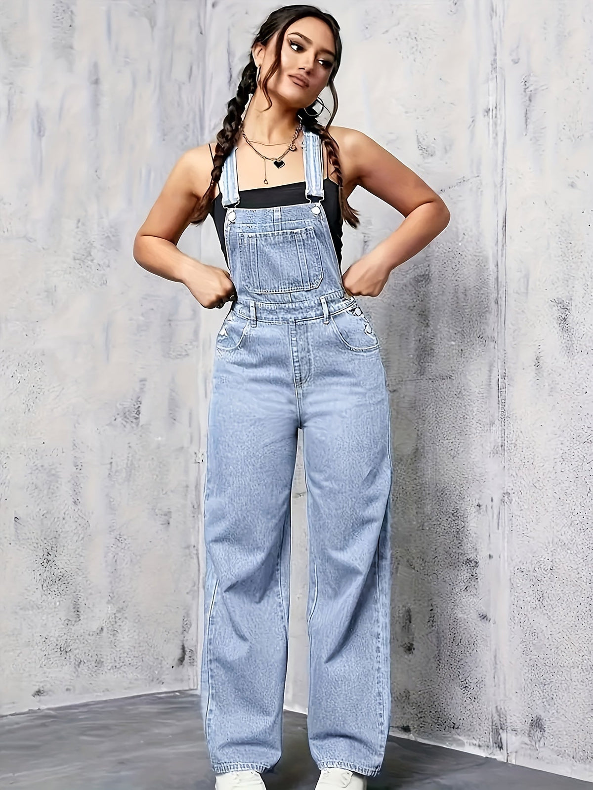 Ärmellose Denim-Latzhose für Damen mit weitem Bein
