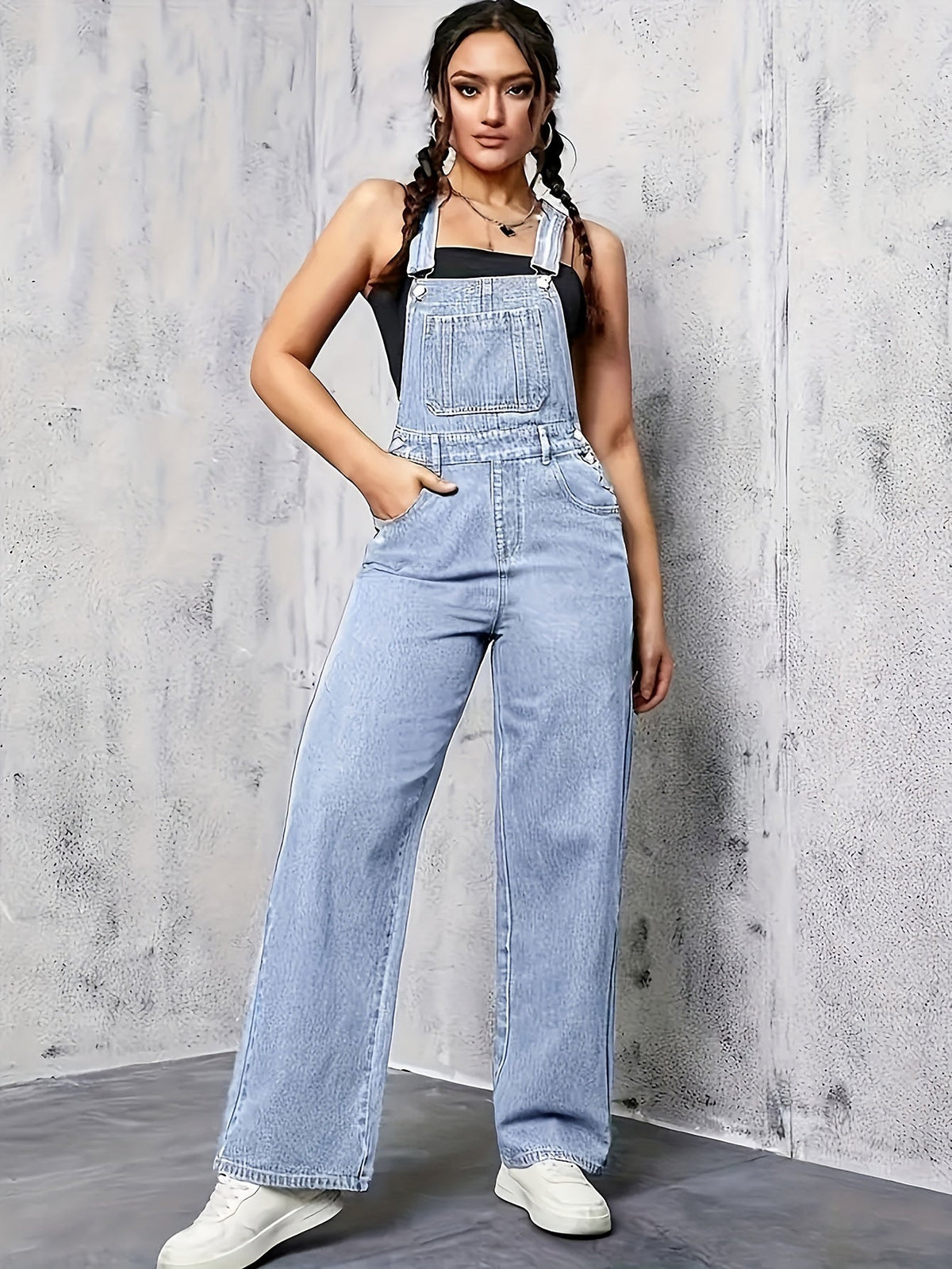 Ärmellose Denim-Latzhose für Damen mit weitem Bein