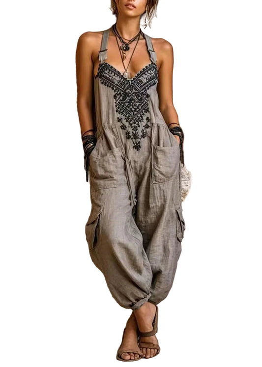 Ärmelloser Damen-Jumpsuit mit aufgesetzten Taschen und einzigartigem Muster