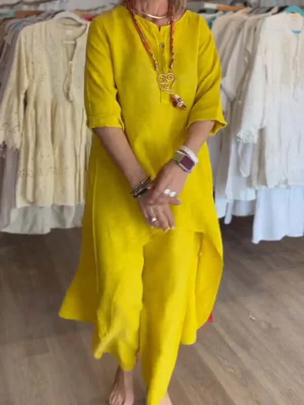Damen-Leinen-Set mit asymmetrischem Saum