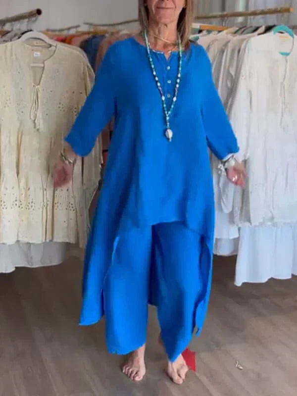 Damen-Leinen-Set mit asymmetrischem Saum