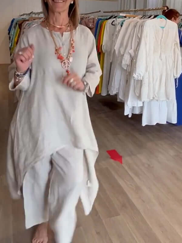 Damen-Leinen-Set mit asymmetrischem Saum