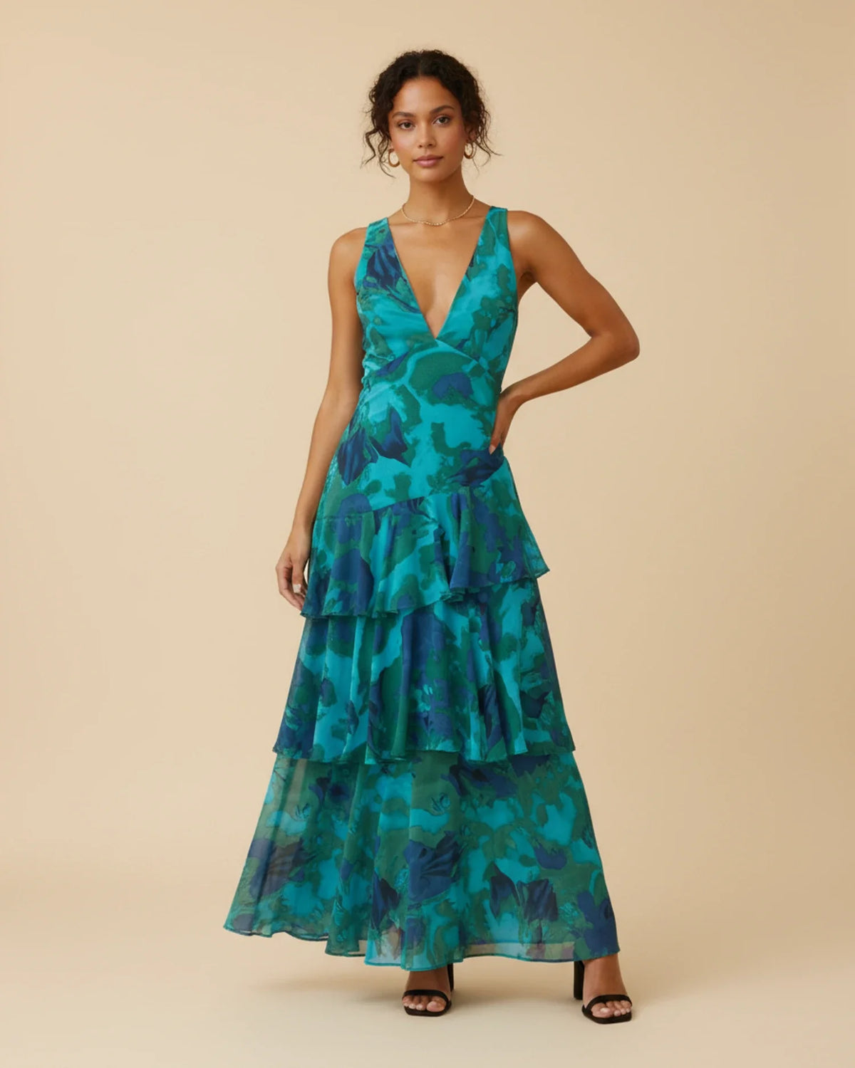Ärmelloses Damen-Maxikleid mit Blumenmuster und Rüschen