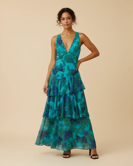 Ärmelloses Damen-Maxikleid mit Blumenmuster und Rüschen