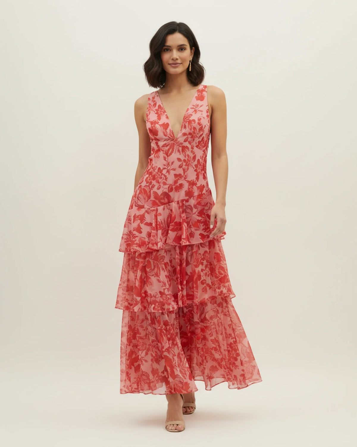 Ärmelloses Damen-Maxikleid mit Blumenmuster und Rüschen