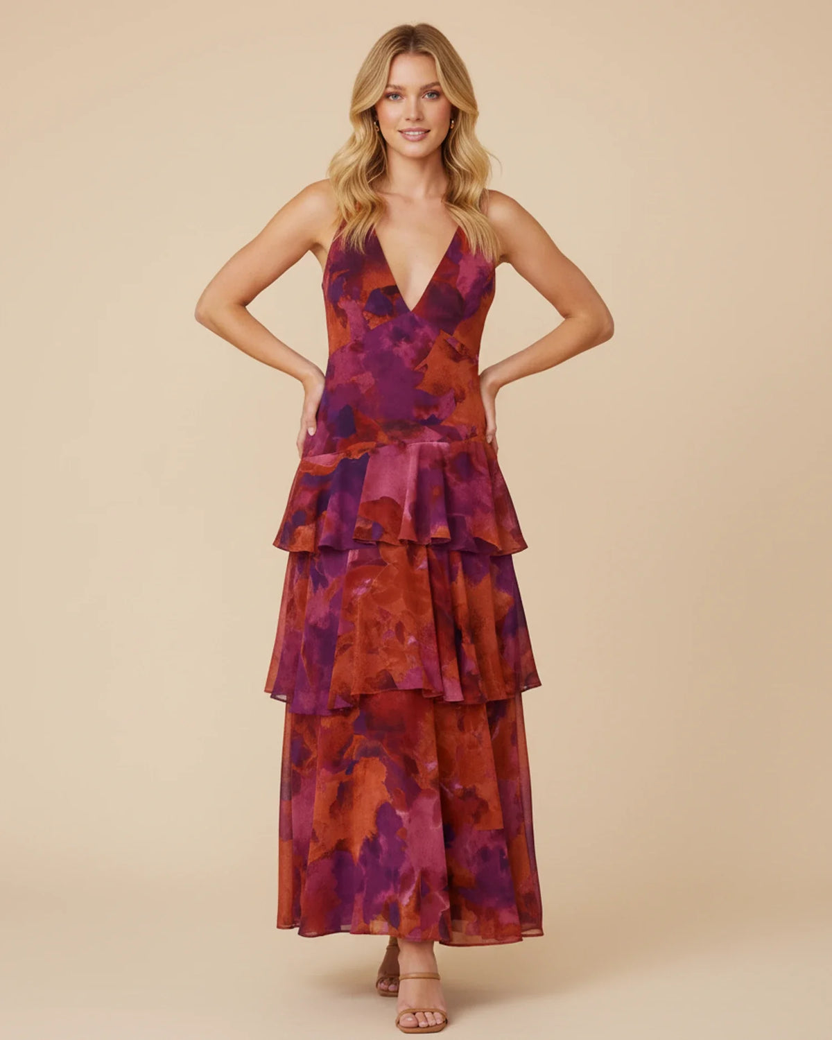 Ärmelloses Damen-Maxikleid mit Blumenmuster und Rüschen