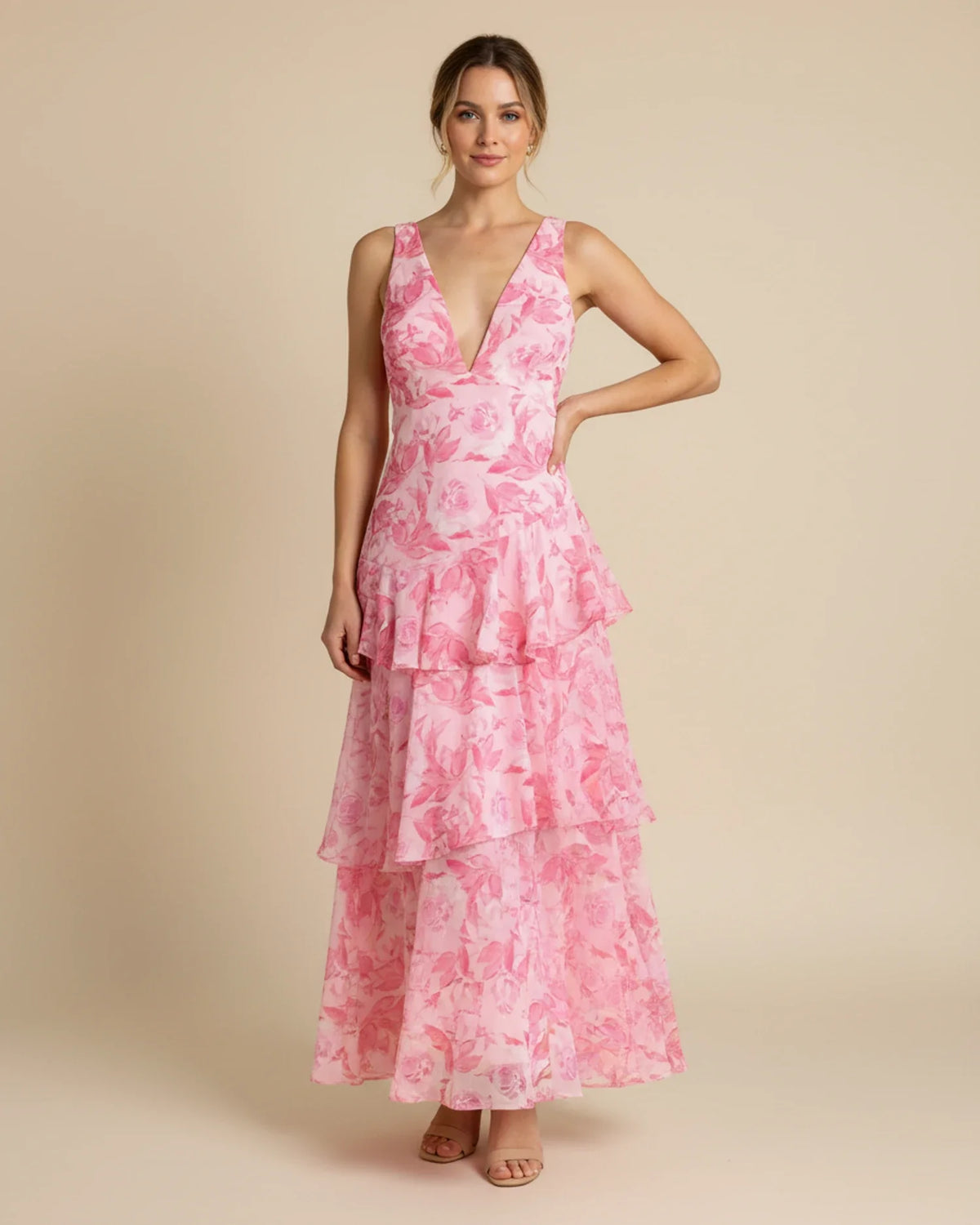 Ärmelloses Damen-Maxikleid mit Blumenmuster und Rüschen