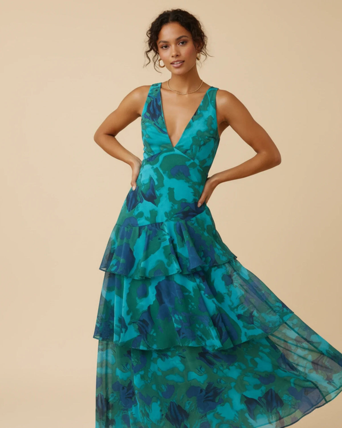 Ärmelloses Damen-Maxikleid mit Blumenmuster und Rüschen