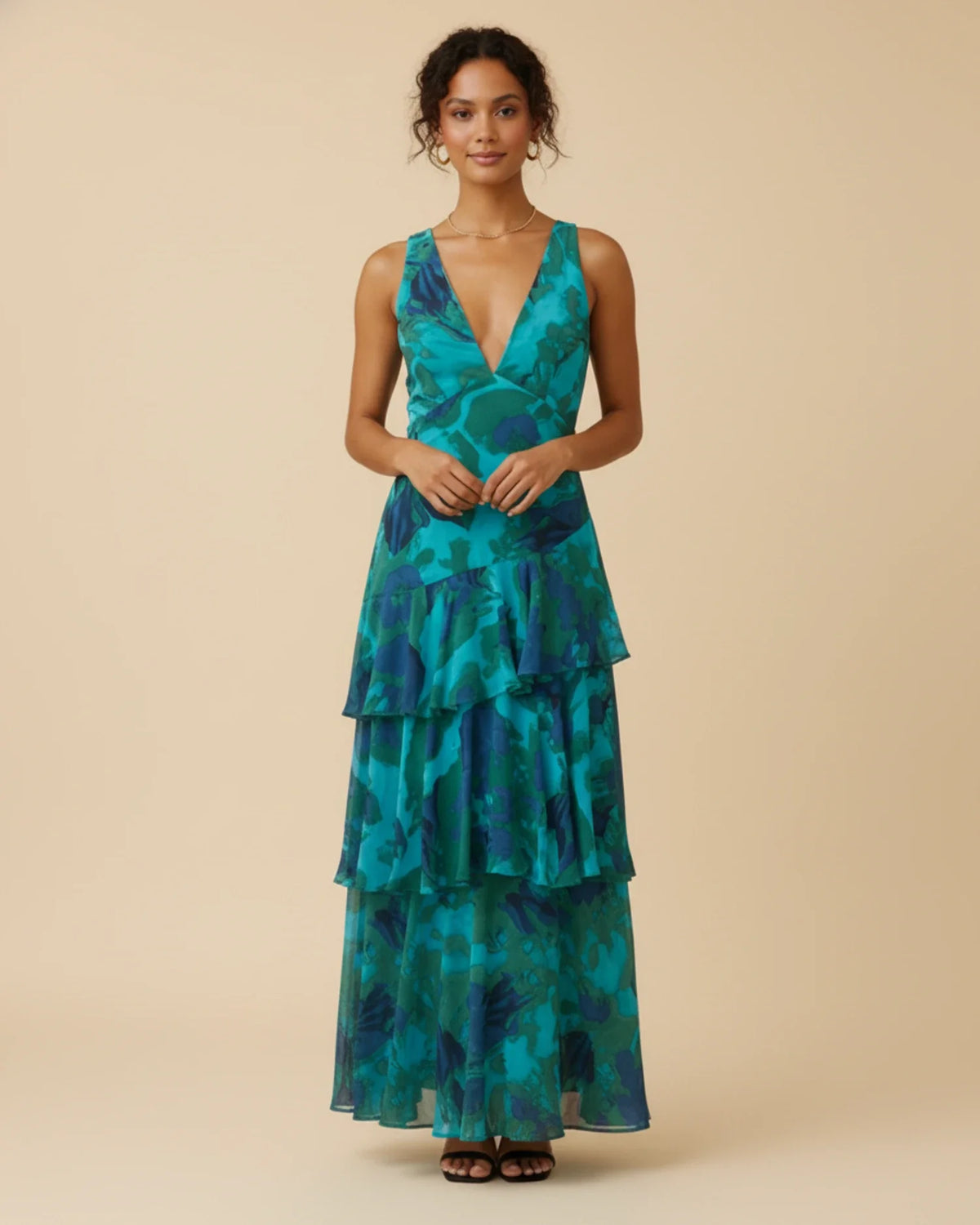 Ärmelloses Damen-Maxikleid mit Blumenmuster und Rüschen