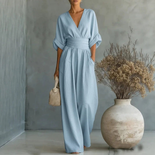 Lässiger Sommer-Jumpsuit mit kurzen Ärmeln, V-Ausschnitt und weitem Bein