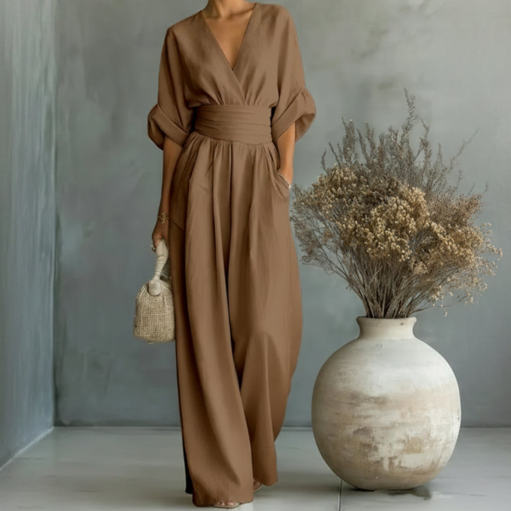 Lässiger Sommer-Jumpsuit mit kurzen Ärmeln, V-Ausschnitt und weitem Bein