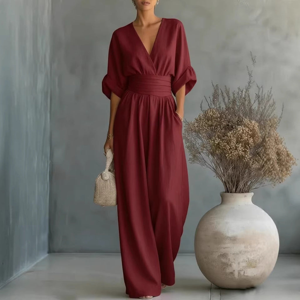 Lässiger Sommer-Jumpsuit mit kurzen Ärmeln, V-Ausschnitt und weitem Bein