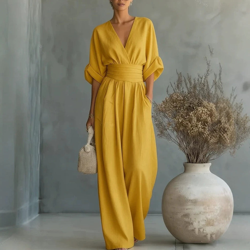 Lässiger Sommer-Jumpsuit mit kurzen Ärmeln, V-Ausschnitt und weitem Bein