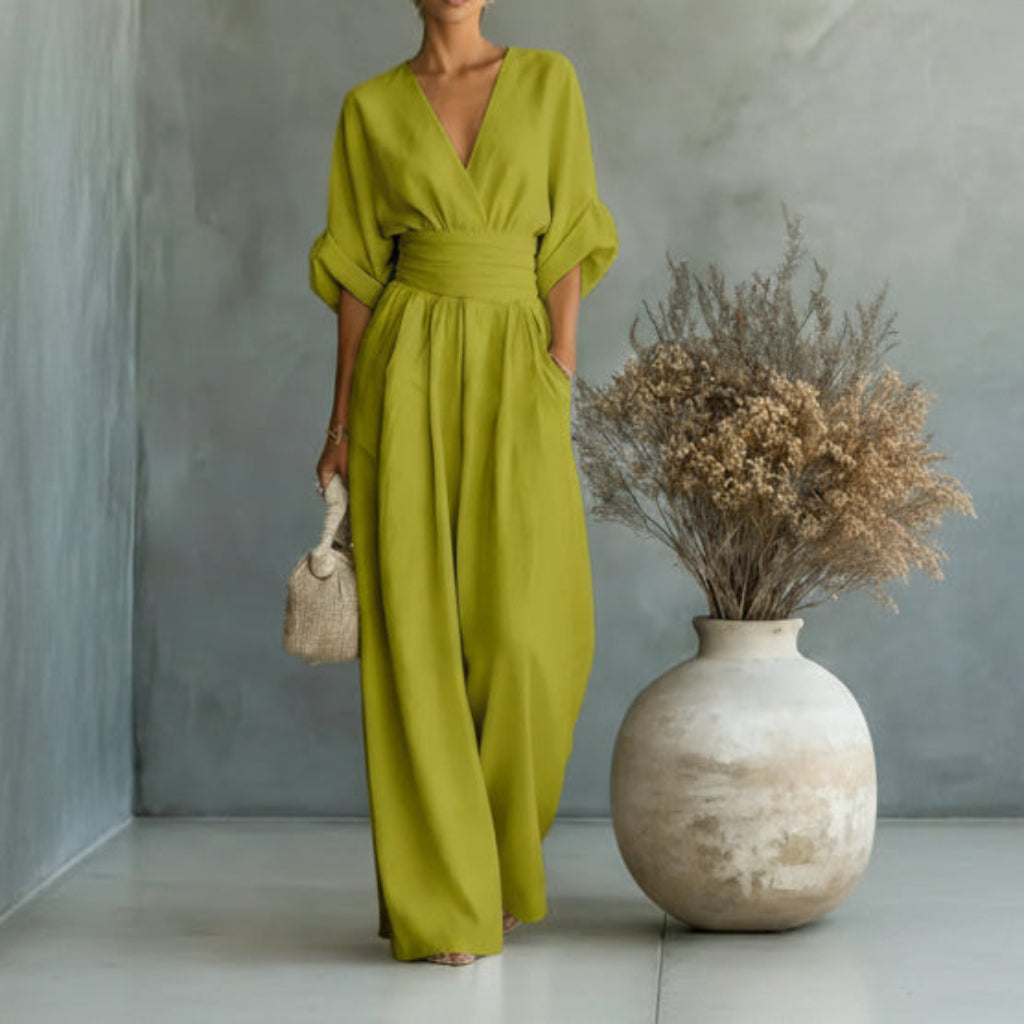 Lässiger Sommer-Jumpsuit mit kurzen Ärmeln, V-Ausschnitt und weitem Bein