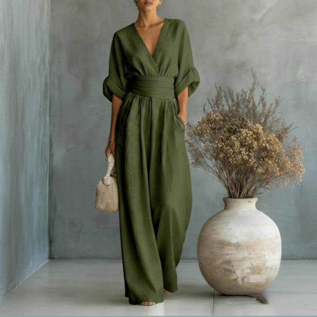 Lässiger Sommer-Jumpsuit mit kurzen Ärmeln, V-Ausschnitt und weitem Bein