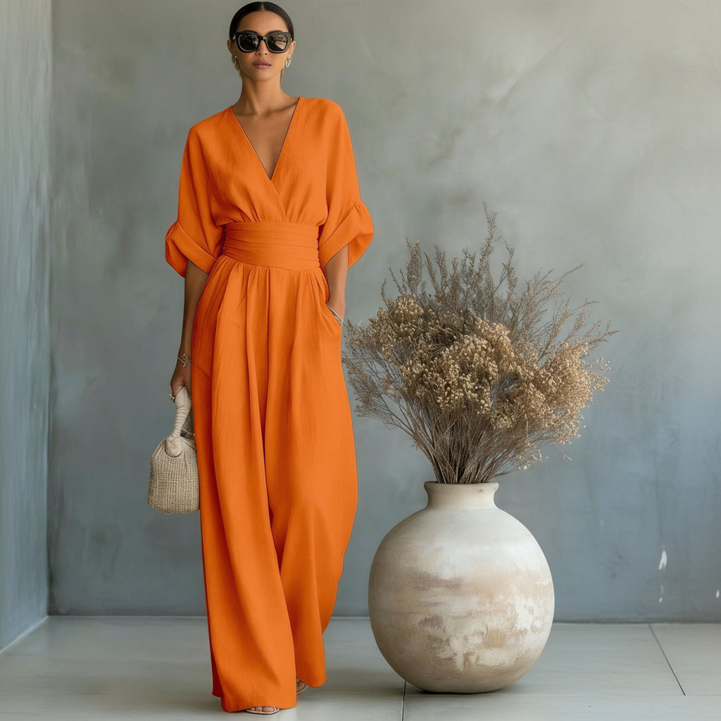 Lässiger Sommer-Jumpsuit mit kurzen Ärmeln, V-Ausschnitt und weitem Bein