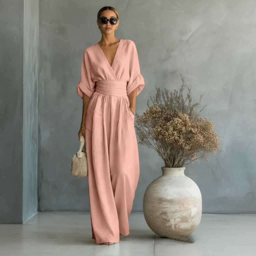 Lässiger Sommer-Jumpsuit mit kurzen Ärmeln, V-Ausschnitt und weitem Bein