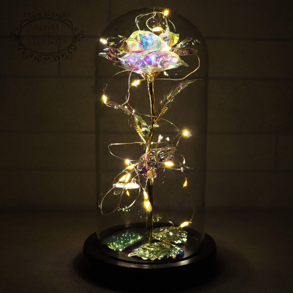 Ewige Rose – Goldene Rose in Glaskuppel mit LED-Beleuchtung