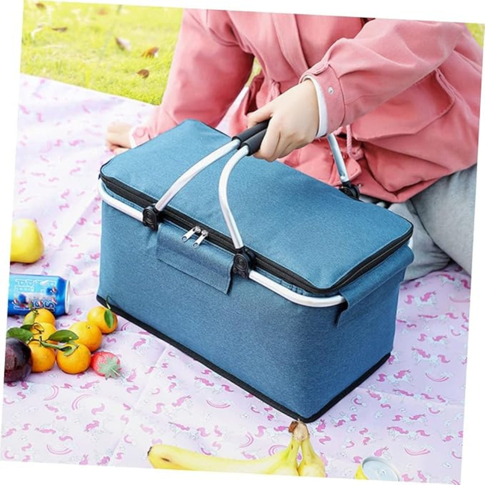 Faltbarer Picknickkorb 18L - Wasserdichter Oxford-Stoff - Aluminiumrahmen - Schwarz, Grau und Blau