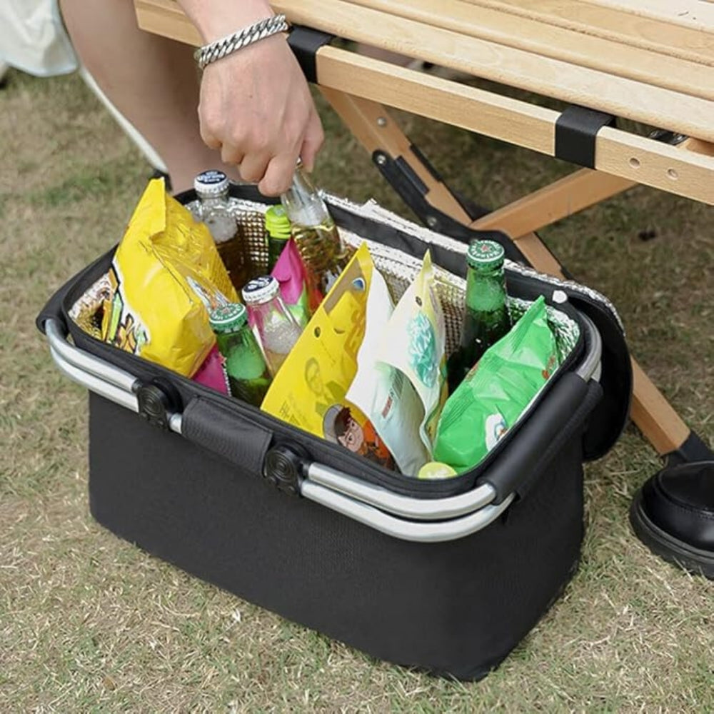 Faltbarer Picknickkorb 18L - Wasserdichter Oxford-Stoff - Aluminiumrahmen - Schwarz, Grau und Blau