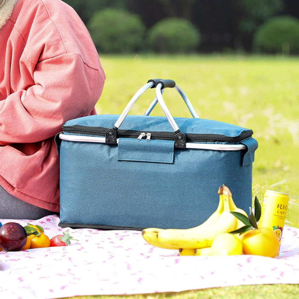 Faltbarer Picknickkorb 18L - Wasserdichter Oxford-Stoff - Aluminiumrahmen - Schwarz, Grau und Blau