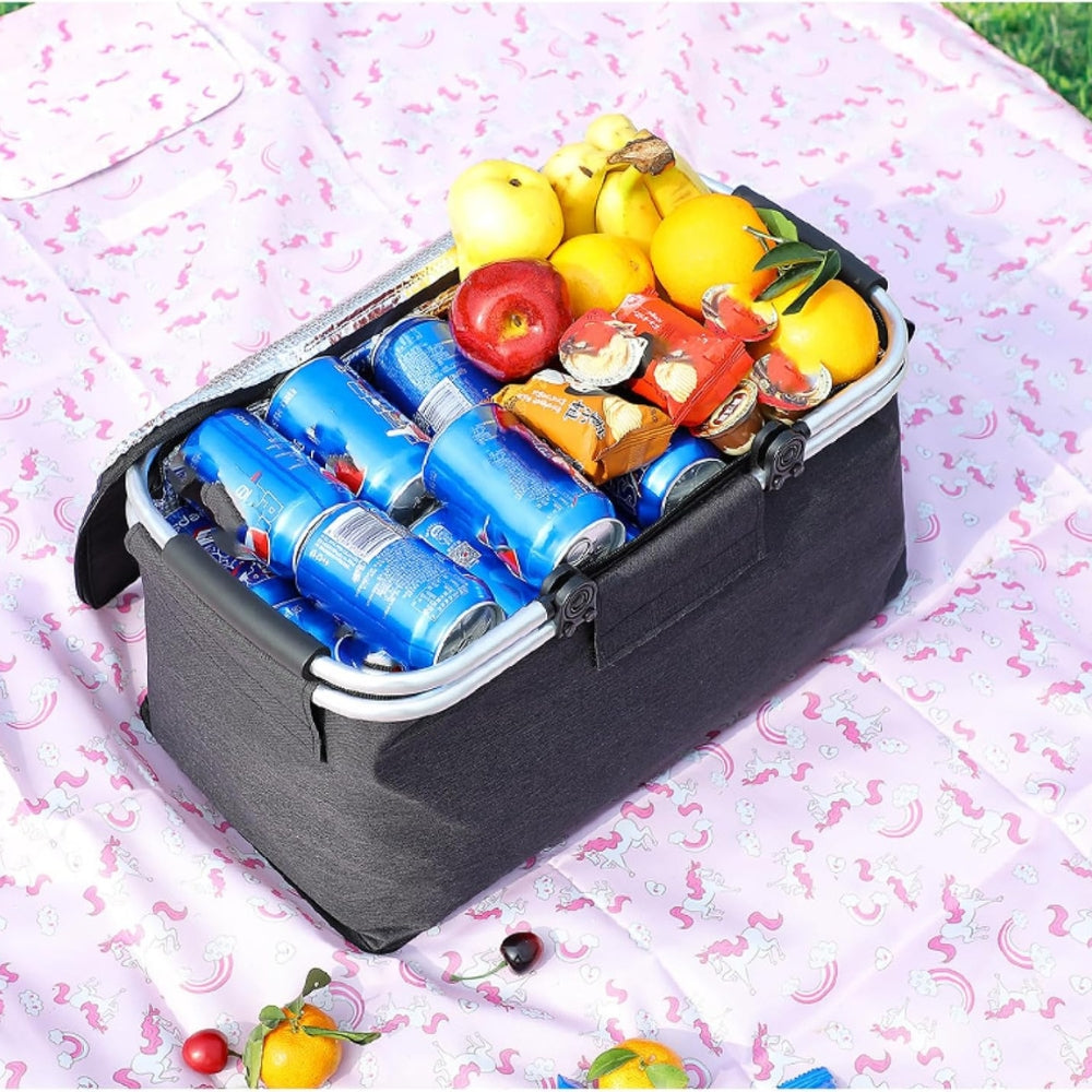 Faltbarer Picknickkorb 18L - Wasserdichter Oxford-Stoff - Aluminiumrahmen - Schwarz, Grau und Blau
