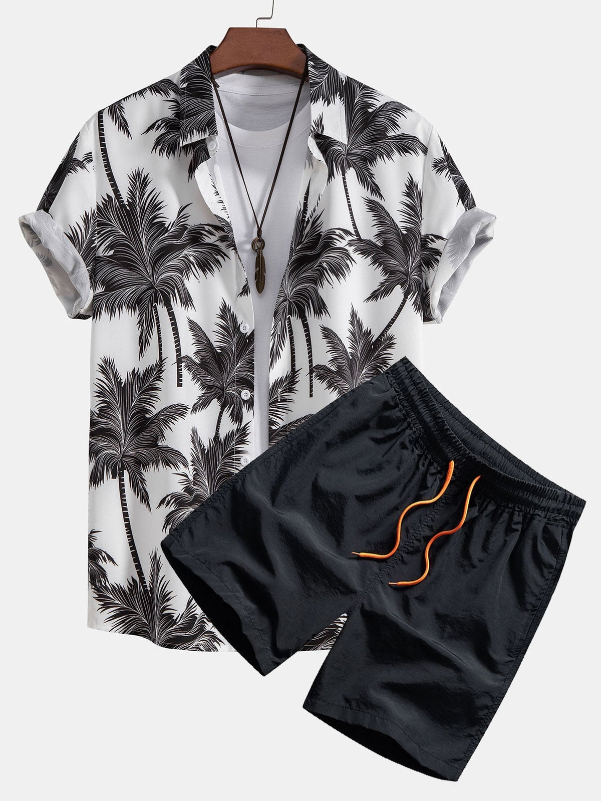 Hemd- und Badehosen-Set mit Palmenmuster – 100 % Polyester, Regular Fit Passform, lässiges Sommerset