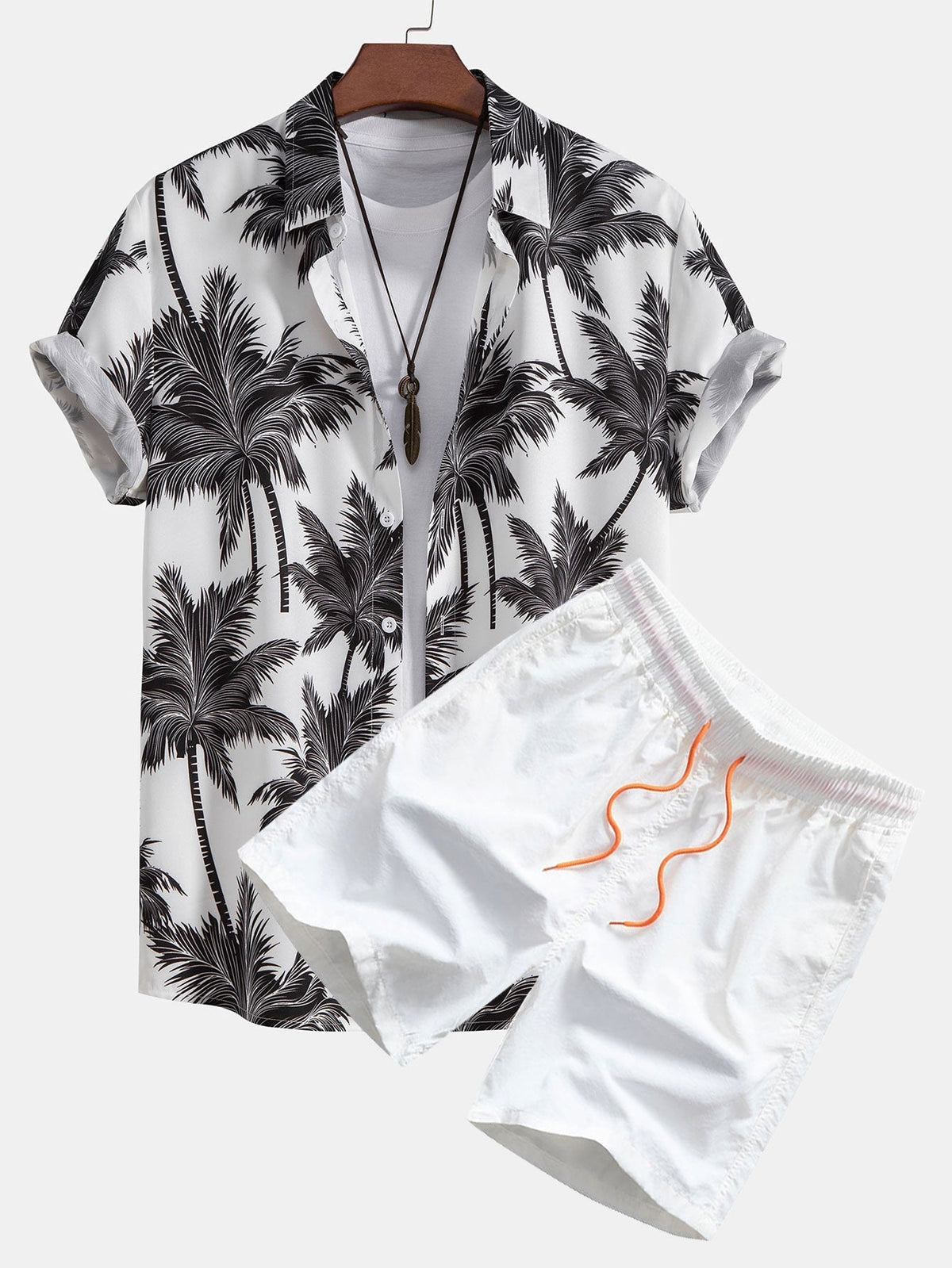 Hemd- und Badehosen-Set mit Palmenmuster – 100 % Polyester, Regular Fit Passform, lässiges Sommerset