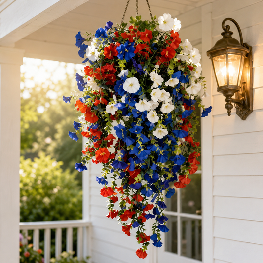 Patriotischer Blumenampelkorb mit LED-Lichtern, roten, weissen und blauen Seidenblumen für die Verandadekoration zum 4. Juli