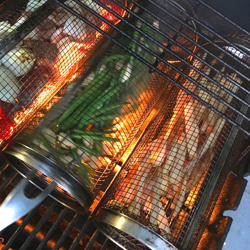 Grillkorb aus Edelstahl - 360° drehbar für gleichmässiges Garen