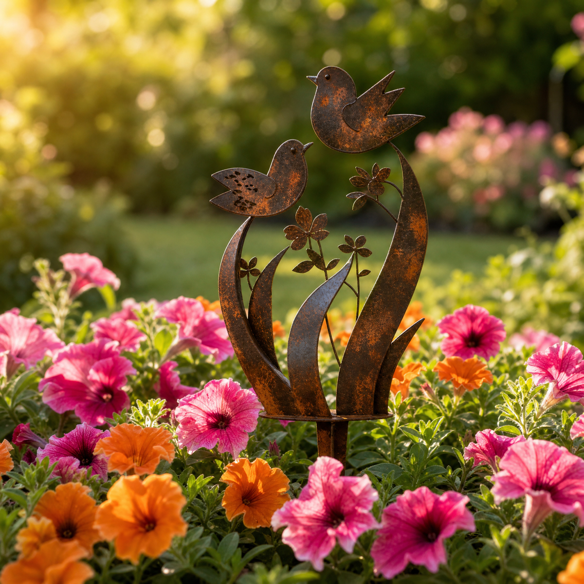 Rustikaler Gartenstecker mit Vögeln und Wildblume