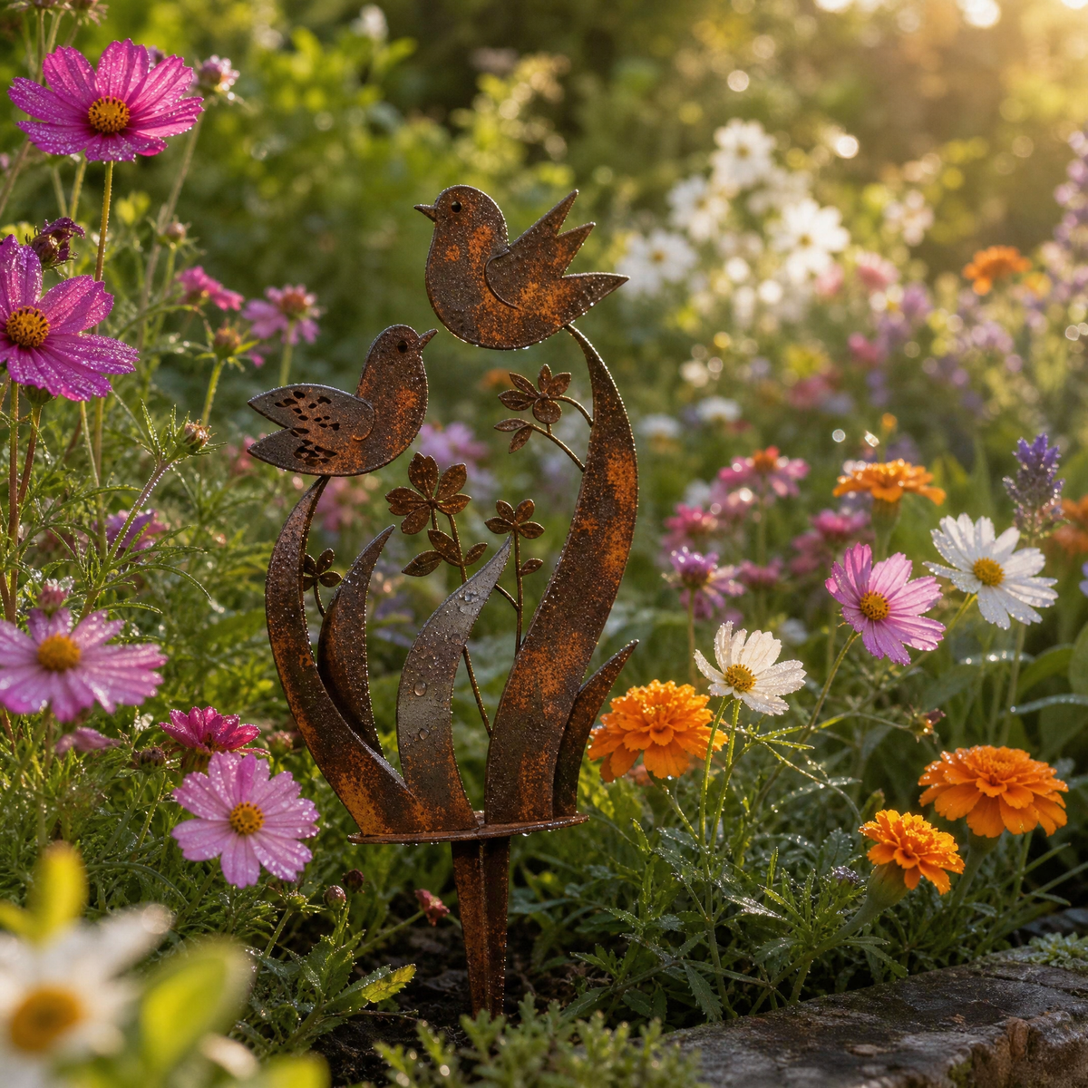 Rustikaler Gartenstecker mit Vögeln und Wildblume