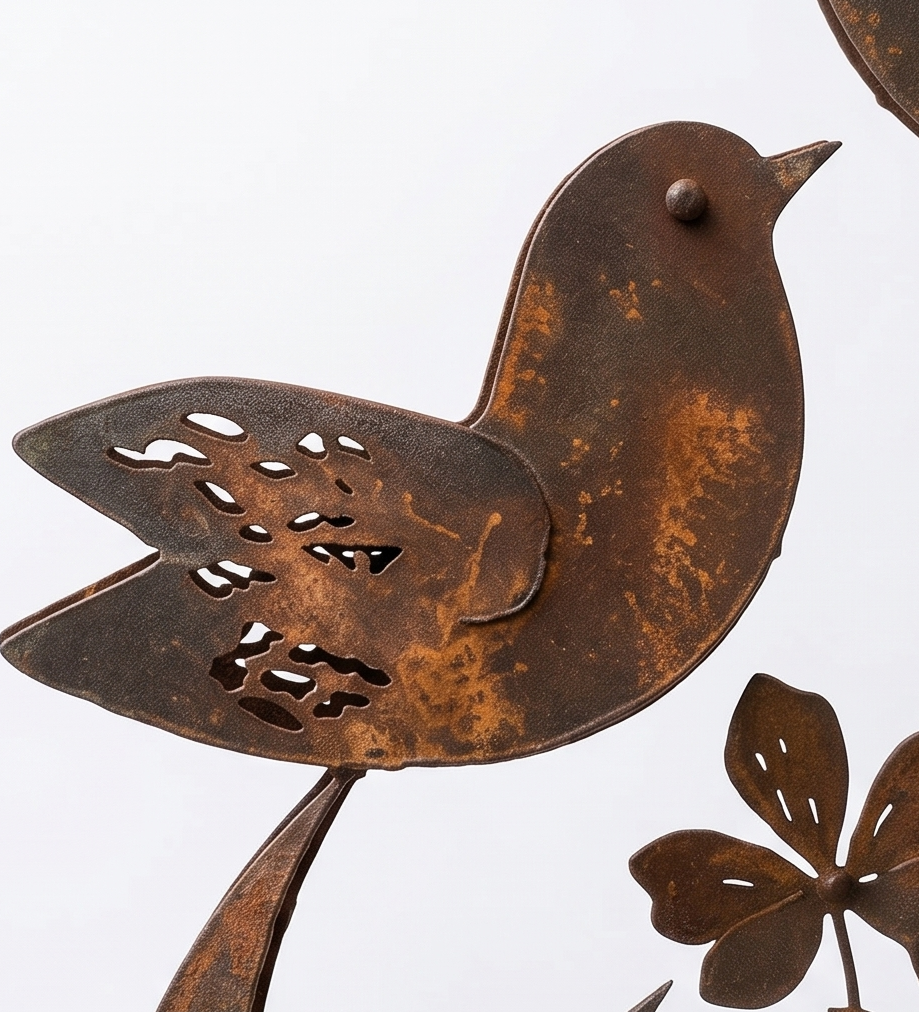 Rustikaler Gartenstecker mit Vögeln und Wildblume