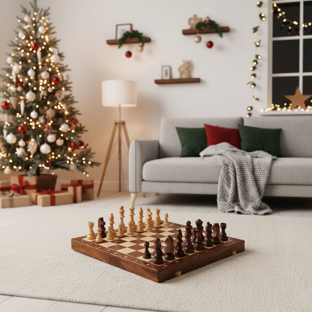 Schachspiel aus Holz mit klassischem, klappbarem Schachbrett aus Nussbaumholz