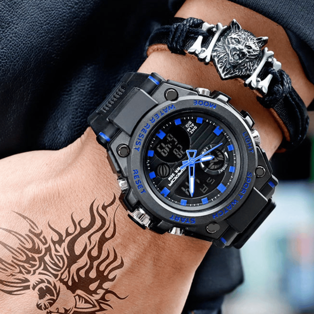 Sportliche, multifunktionale, wasserdichte Herrenuhr mit Doppelanzeige und Zifferblattbeleuchtung